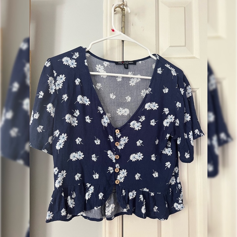 Navy Blue and White Floral Crop Top